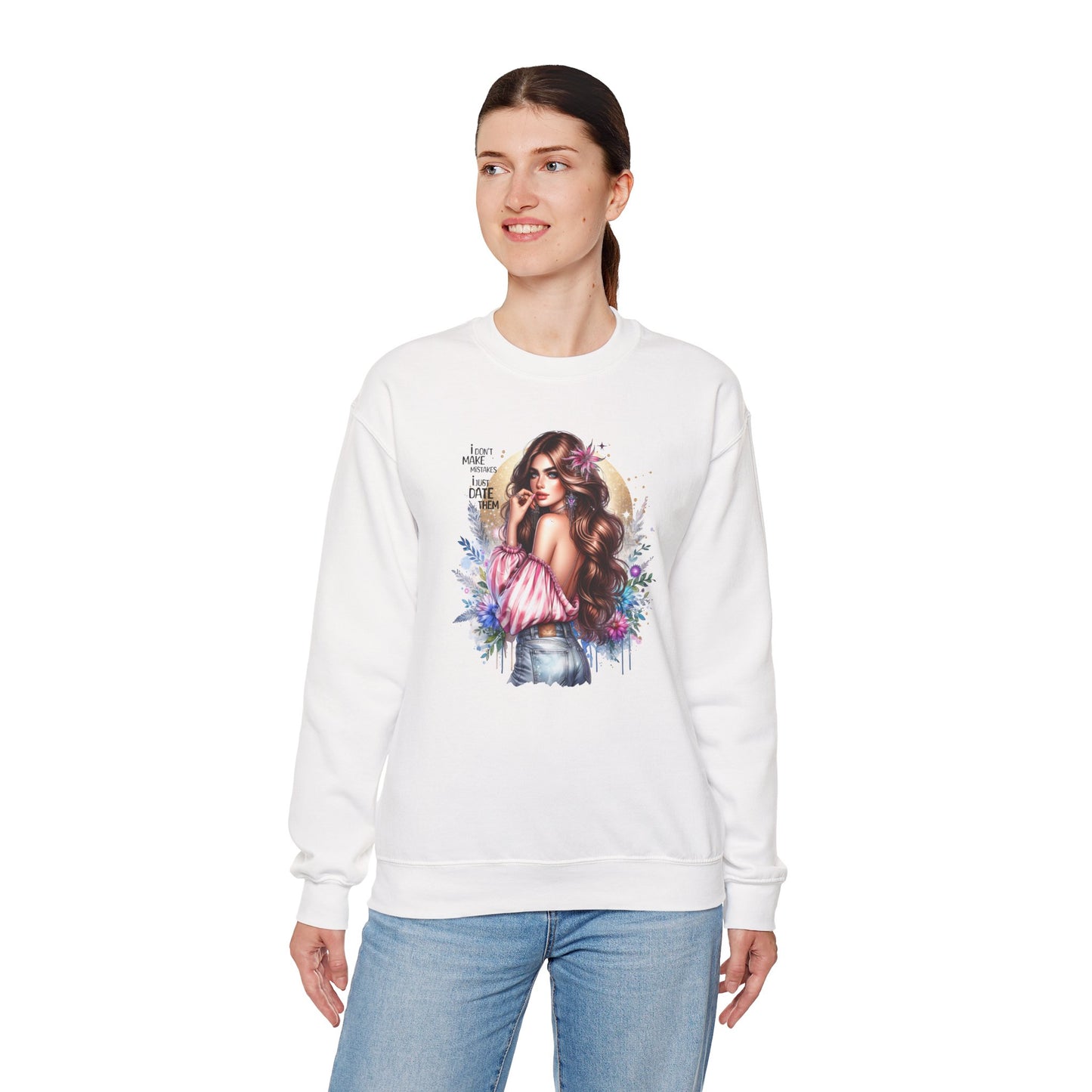 I Don't Make Mistakes, I Just Date Them Boho Chic Crewneck Sweatshirt, Cozy Gift for Her, Fashionable Layering Piece, Art-Inspired Apparel, Perfect for Special Occasions