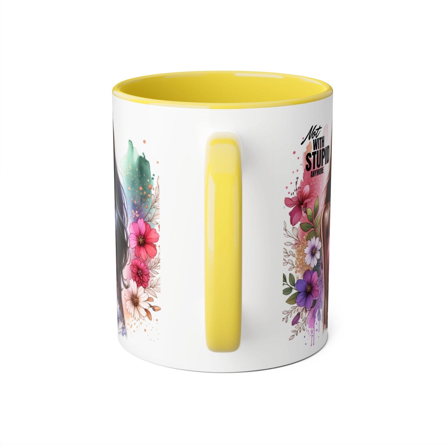 Not With Stupid Anymore Humoristic Bold Floral Accent Mug, Unique Coffee Cup, Gift for Friends, Inspirational Design, Beautiful Mug for Every Occasion