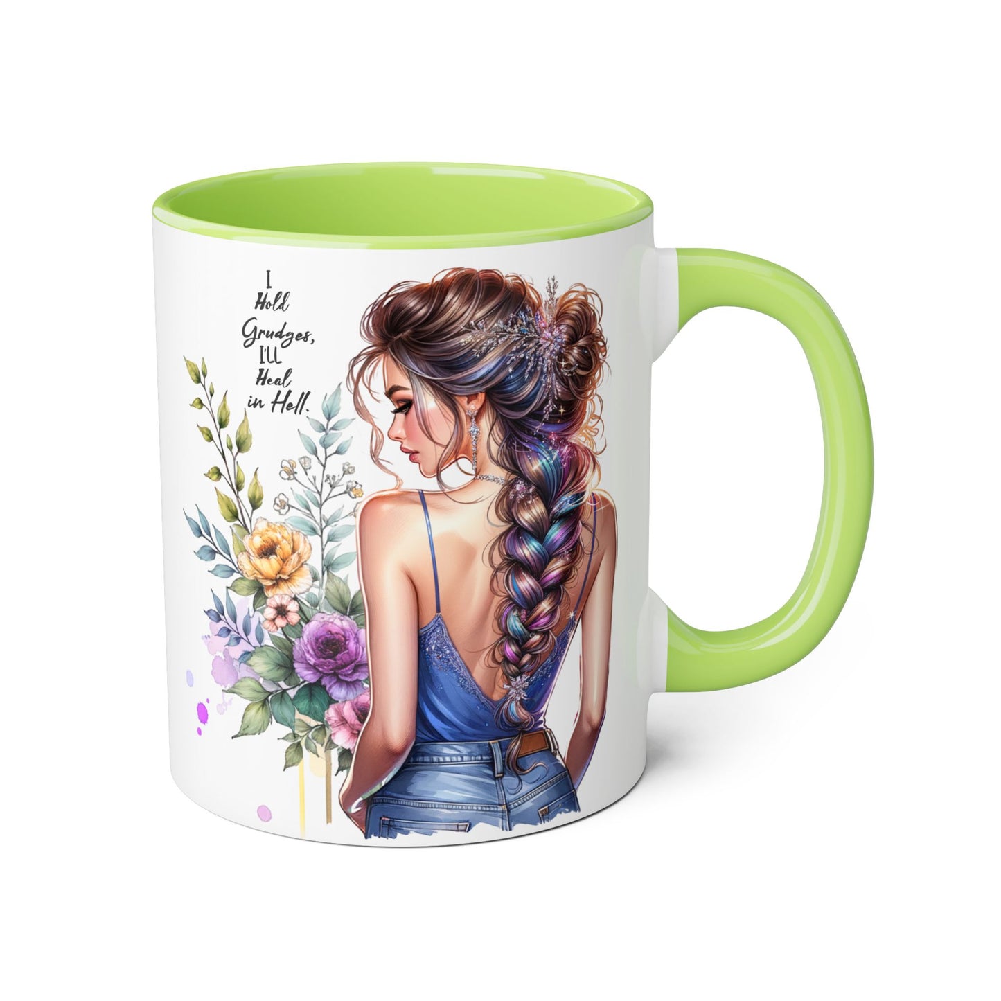 I Hold Grudges, I'll Heal in Hell  Humoristic Floral Inspirational Accent Mug, 11oz Coffee Cup, Gift for Her, Home Office Decor, Mother's Day, Personalized Drinkware