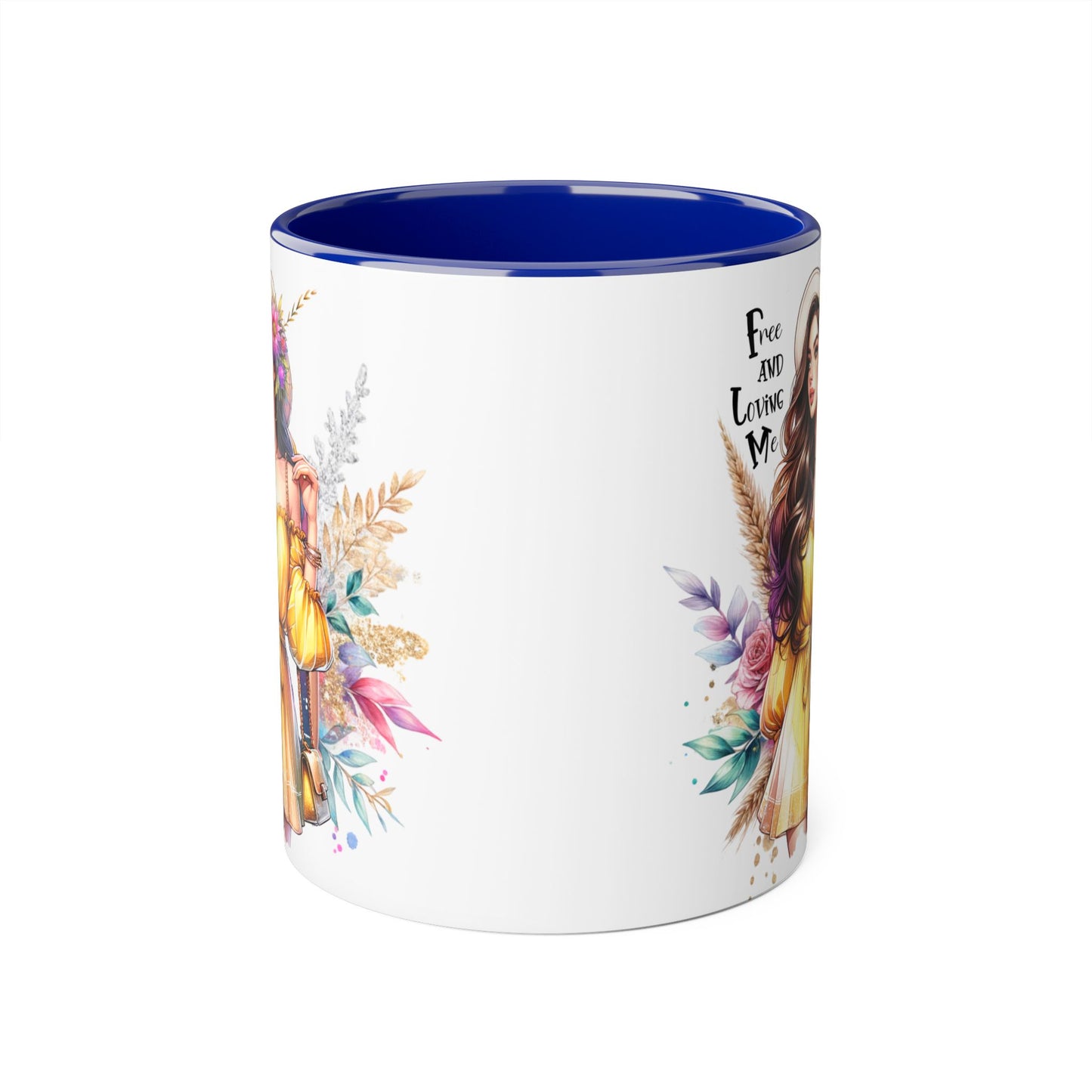 Free and Loving Me Bold Boho Accent Mug, Artistic Coffee Cup, Unique Gift for Women, Inspirational Kitchenware, Floral Design, Birthday Mug