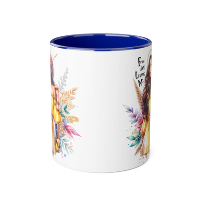 Free and Loving Me Bold Boho Accent Mug, Artistic Coffee Cup, Unique Gift for Women, Inspirational Kitchenware, Floral Design, Birthday Mug