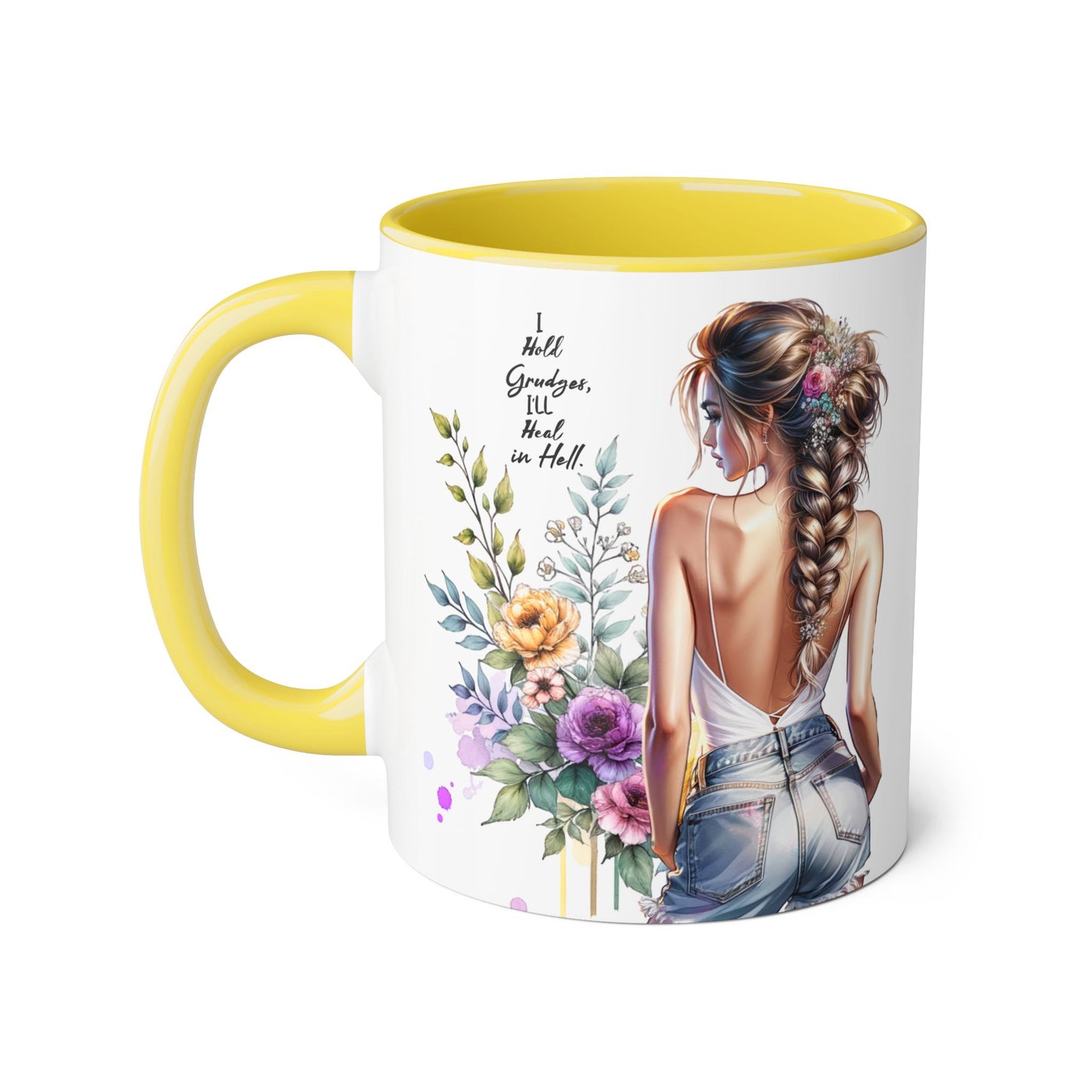 I Hold Grudges, I'll Heal in Hell  Humoristic Floral Back-View Accent Mug, Inspirational Coffee Cup, Perfect Gift for Friends, Mother's Day, Home Decor, Tea Lovers