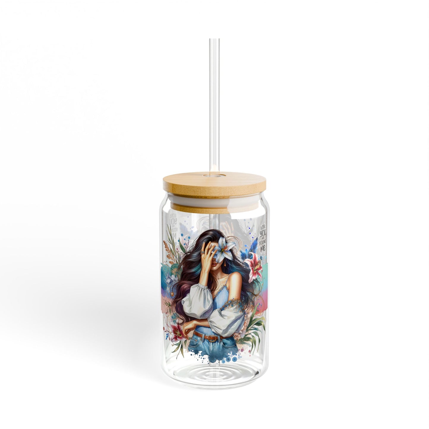 Lost You and Found Me Artistic Sipper Glass, 16oz, Personalized Drinkware, Eco-Friendly Beverage Jar, Unique Gifts, Home Decor, Chic Party Accessory