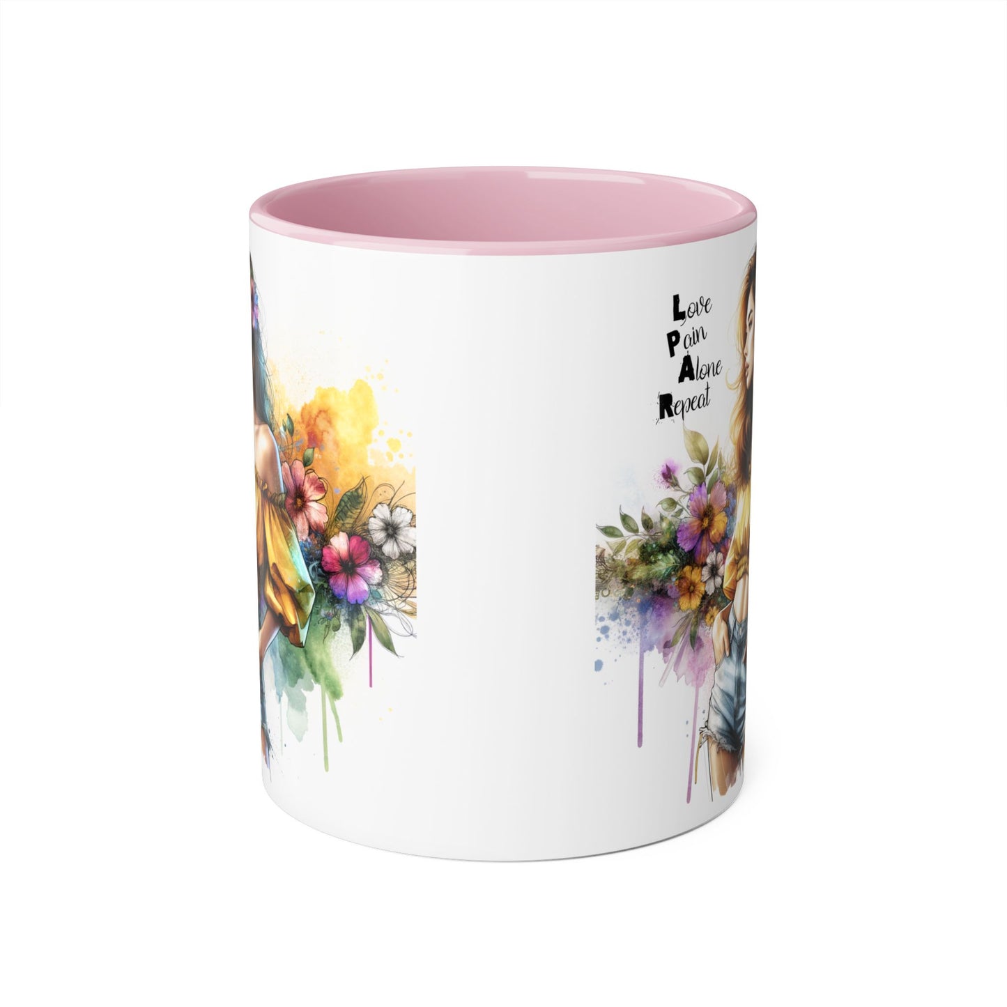 Colorful Floral Accent Mug - Love, Pain, Alone, Repeat Drinkware, Boho Coffee Cup, Gift for Her, Inspirational Mug
