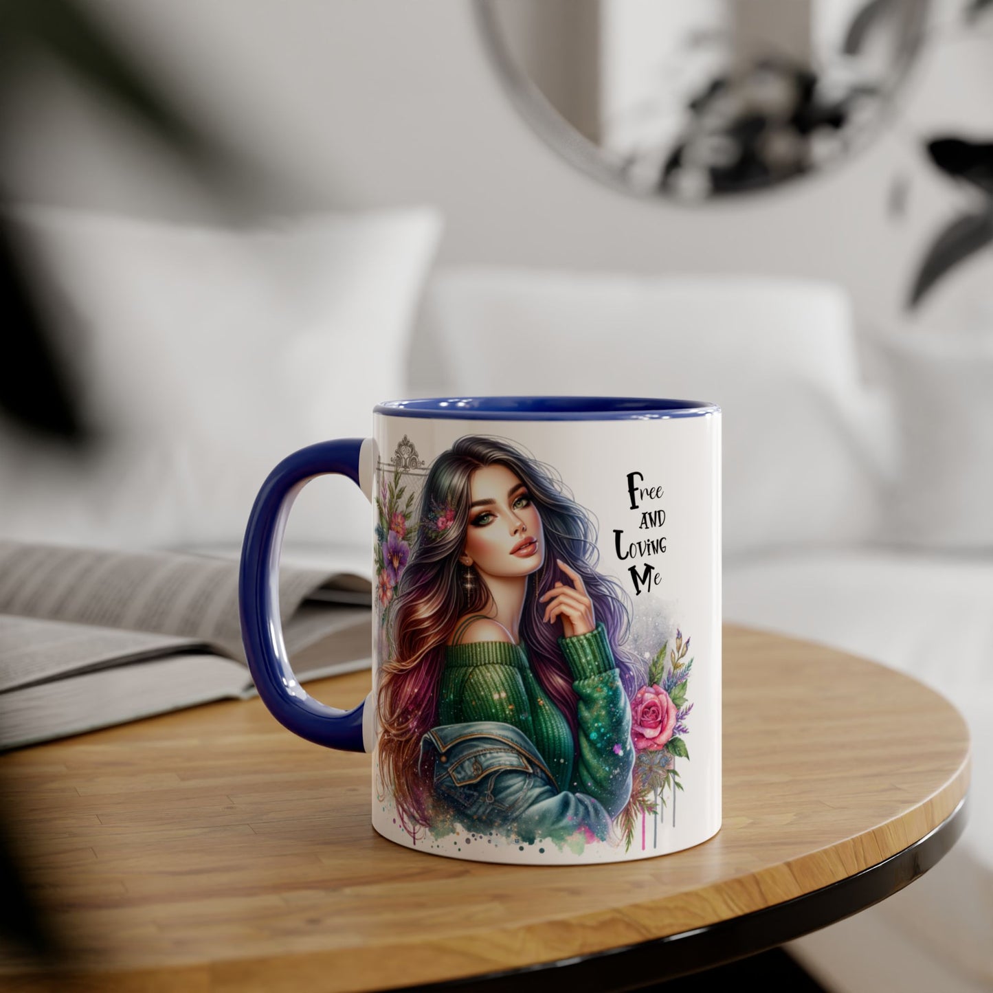 Bohemian Chic Accent Mug, Free and Loving Me 11oz Coffee Cup, Gifts for Her, Artistic Drinkware, Unique Home Decor, Floral Coffee Mug