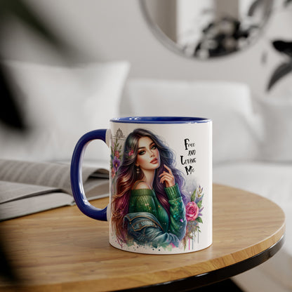 Bohemian Chic Accent Mug, Free and Loving Me 11oz Coffee Cup, Gifts for Her, Artistic Drinkware, Unique Home Decor, Floral Coffee Mug