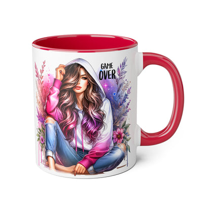 Stylish Gamer Mug, Game Over Coffee Cup, Floral Art Drinkware, Cute Gift for Gamers, Trendy Ceramic Tea Mug