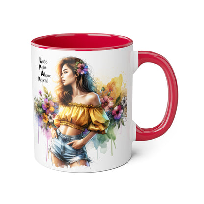 Colorful Floral Accent Mug - Love, Pain, Alone, Repeat Drinkware, Boho Coffee Cup, Gift for Her, Inspirational Mug