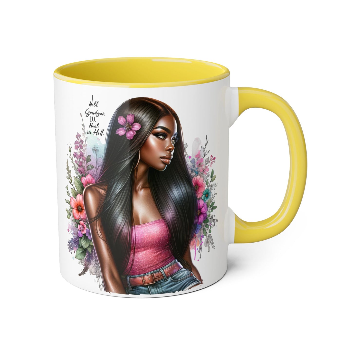 I Hold Grudges, I'll Heal in Hell  Humoristic Floral Portrait Coffee Mug - Perfect Gift for Her, Stylish Home Decor, Inspirational Quote, Unique Tea Cup, Birthday Treat