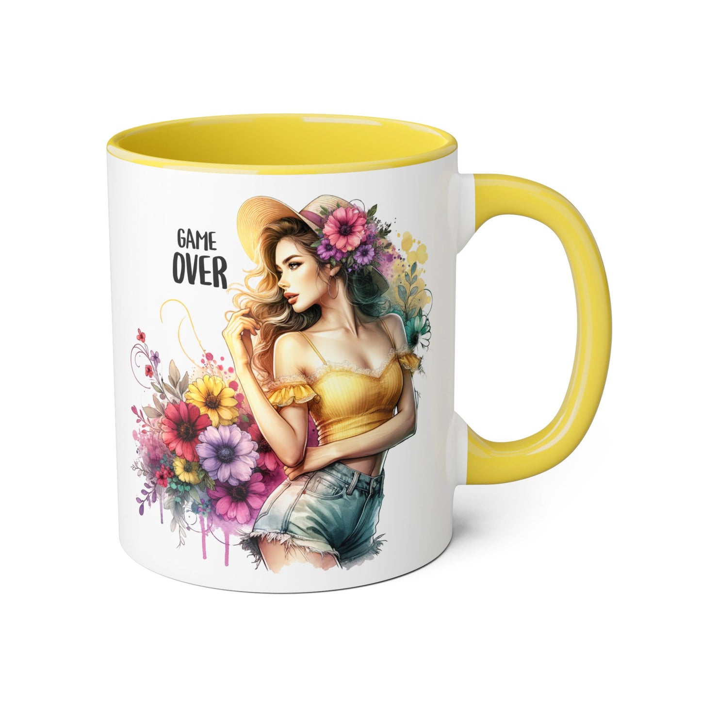 Game Over Floral Accent Mug, Gift for Gamers, Coffee Tea Cup, Home Decor, Birthday, Celebration, Unique Mug