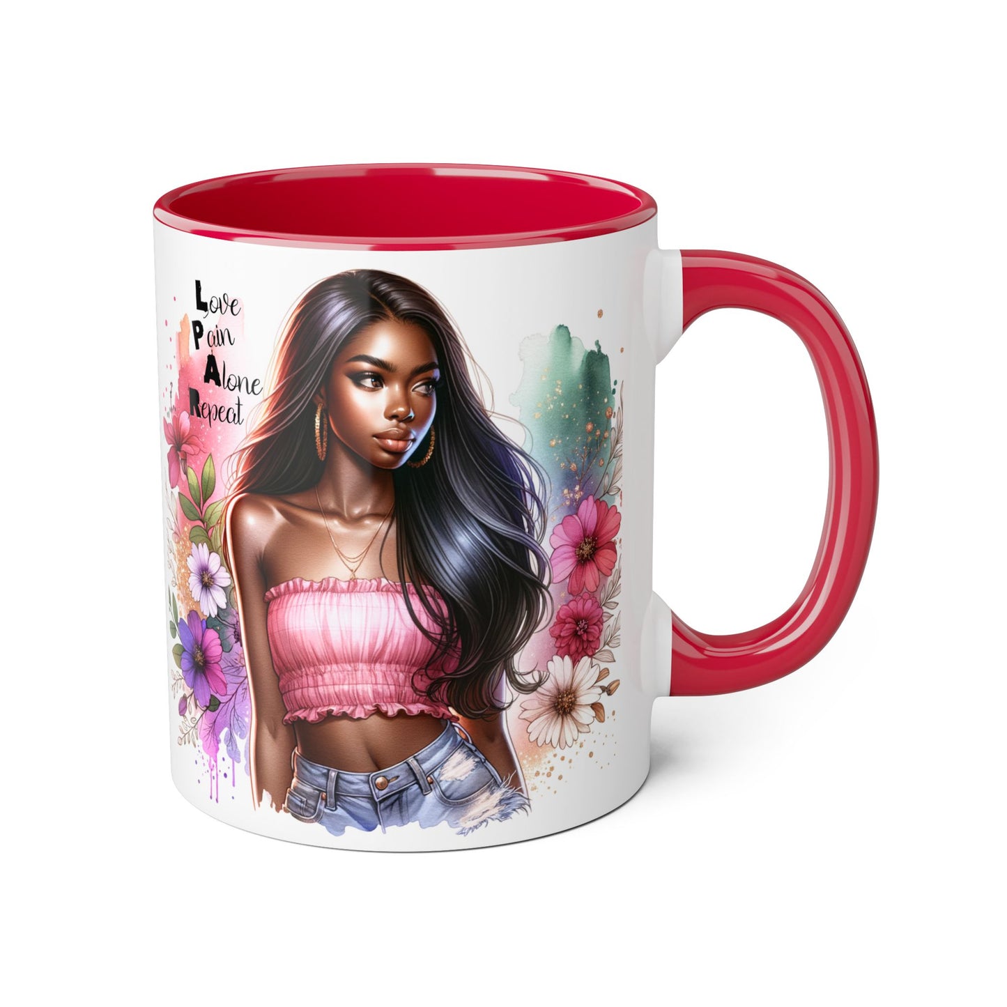 Vibrant Floral Accent Mug - Love, Pain, Alone, Repeat | Perfect Gift for Friends, Birthdays, Affirmation Mug, Coffee Lover