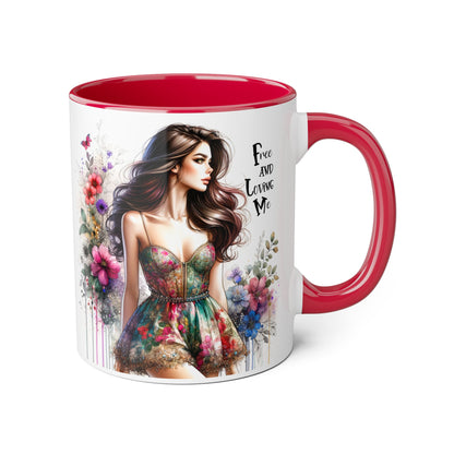 Free and Loving Me Floral Accent Mug | 11oz Coffee Cup, Gift for Her, Art Mug, Bohemian Decor, Flower Lover Gift