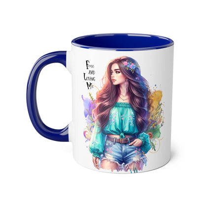 Free and Loving Me Bohemian Accent Mug with Inspirational Quote, Free and Love Me, Unique Gift for Coffee Lovers, Artistic Mugs for Women, Colorful Drinkware