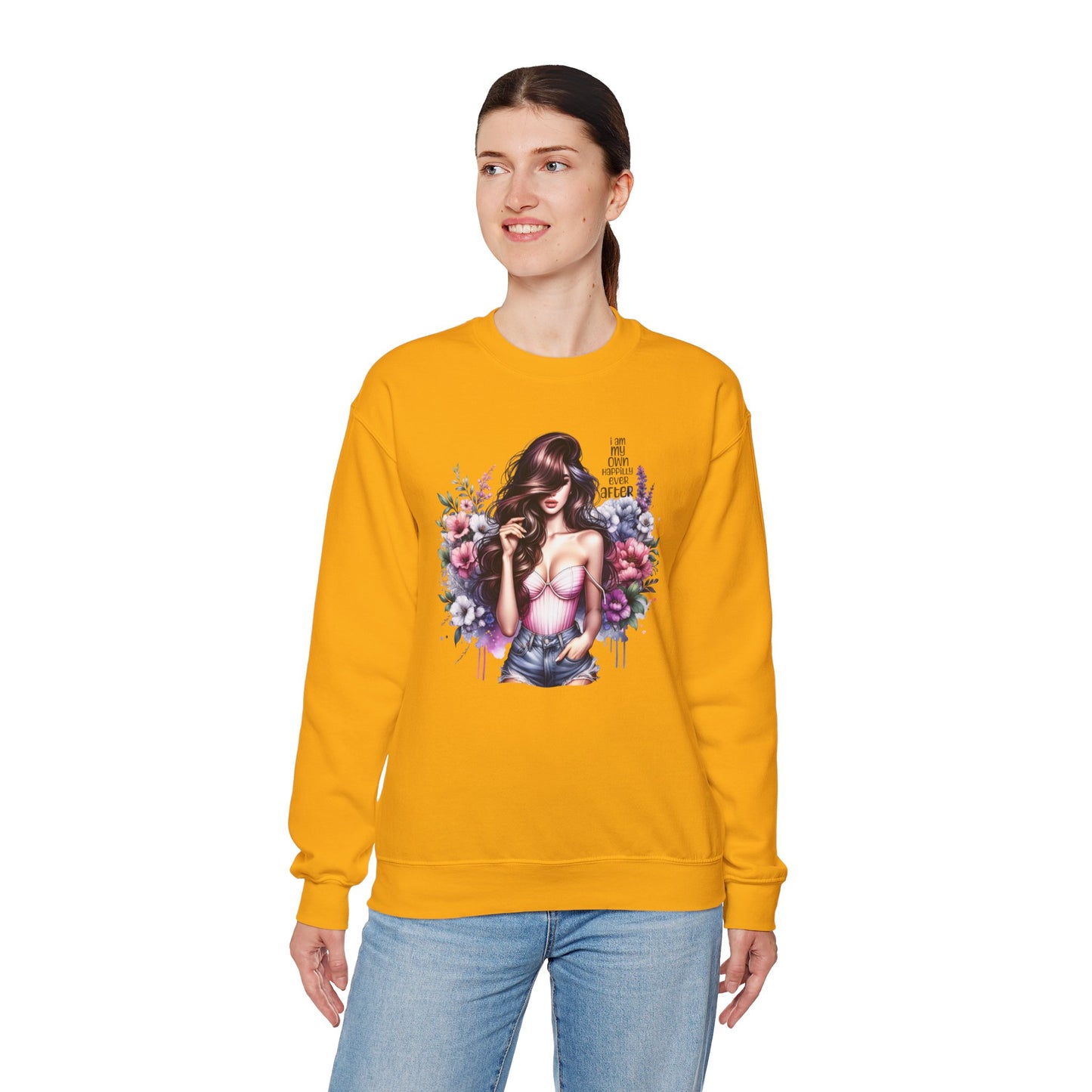 I Am My Own Happily Ever After  Floral Goddess Crewneck Sweatshirt, Cozy Women's Apparel, Boho Style, Gift for Her, Trendy Sweatshirt, Chic Layering Piece