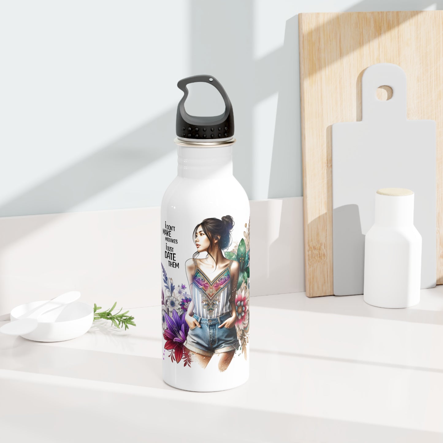 I Don't Make Mistakes, I Date Them Floral Art Water Bottle, Inspired Gift for Travelers, Eco-Friendly Hydration, Fitness and Outdoor Use, Cute Drinkware