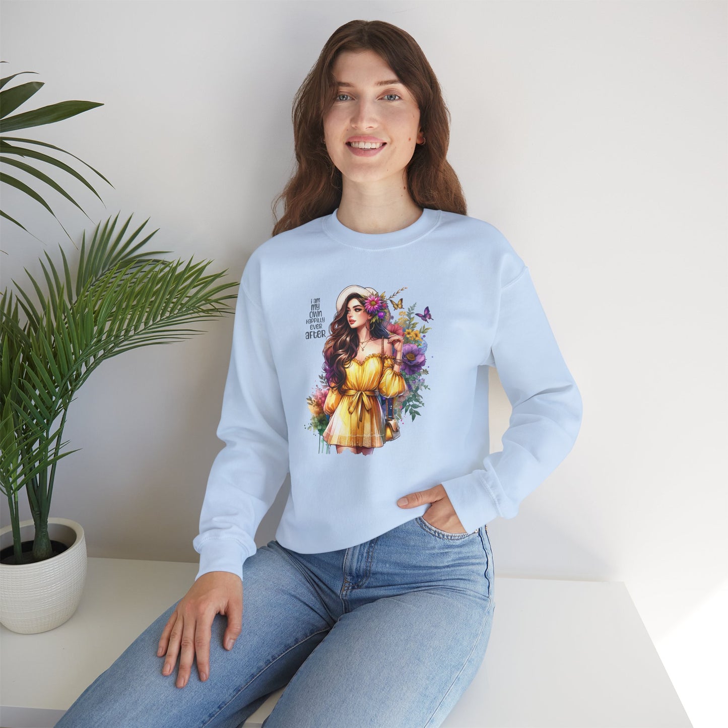 I Am My Own Happily Ever After  Floral Goddess Crewneck Sweatshirt - Boho Chic, Cozy Style, Perfect for Spring, Gift for Her, Casual Wear, Everyday Comfort