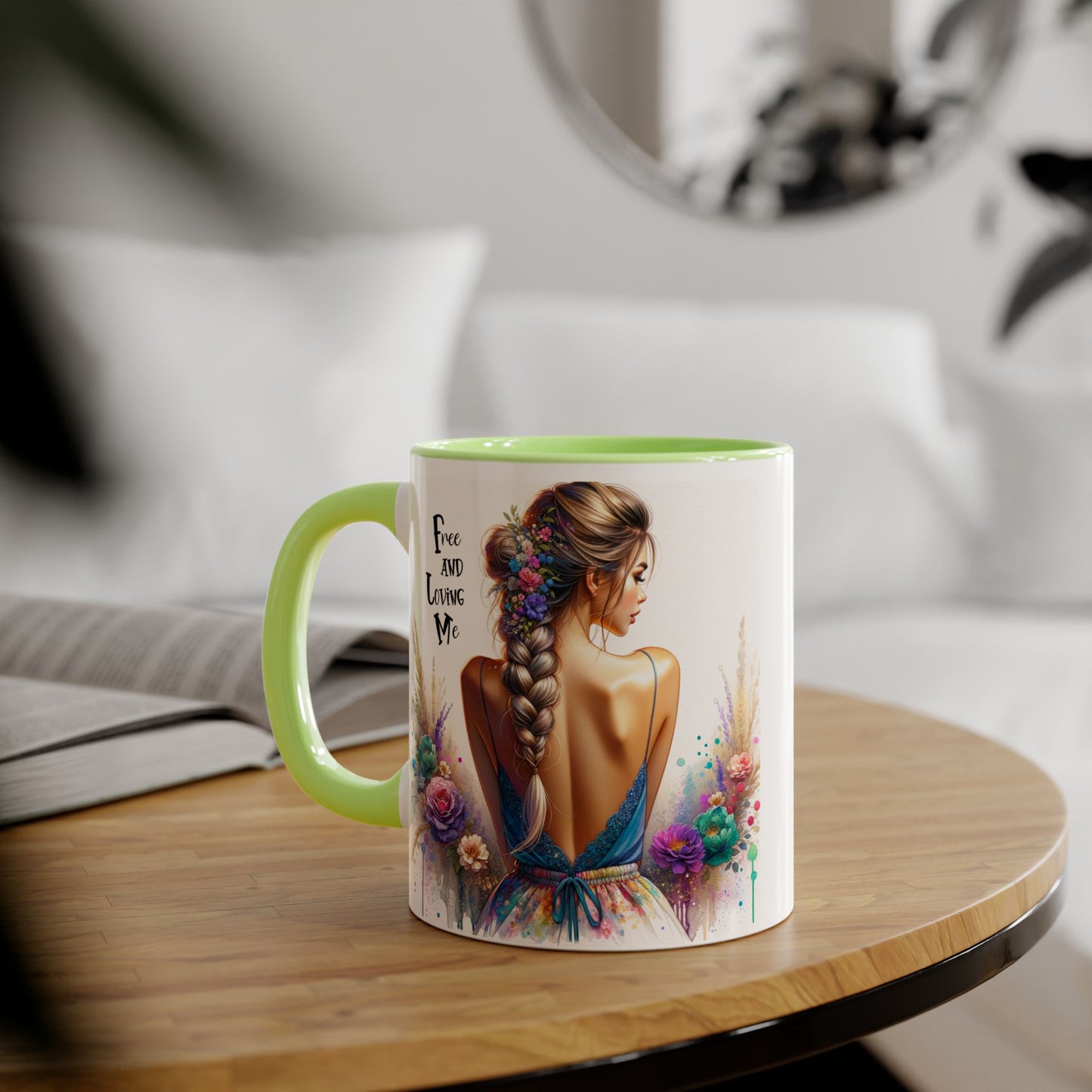 Free and Loving Me Floral Freedom Accent Mug - Inspirational Coffee Cup, Gift for Her, Artist Mug, Tea Lover's Cup, Home Decor