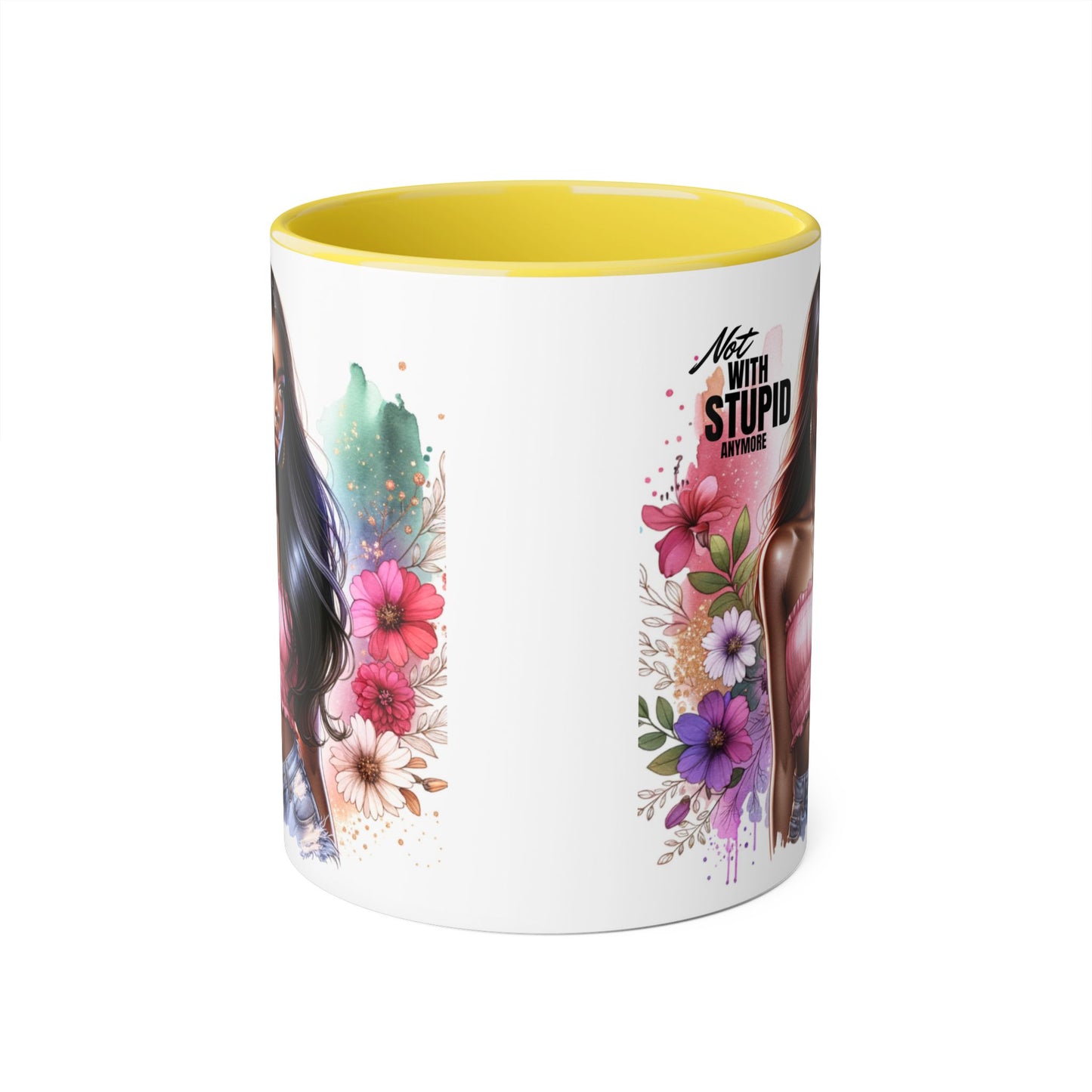 Not With Stupid Anymore Humoristic Bold Floral Accent Mug, Unique Coffee Cup, Gift for Friends, Inspirational Design, Beautiful Mug for Every Occasion
