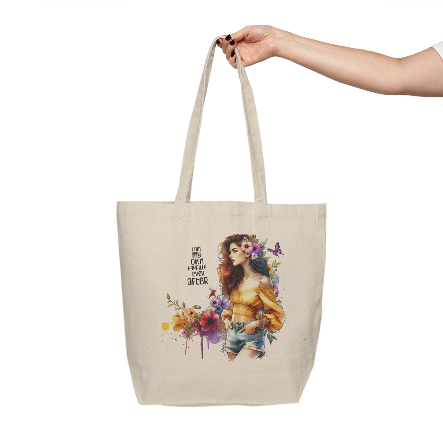 I Am My Own Happily Ever After  Chic Floral Canvas Shopping Tote - Stylish Eco-Friendly Bag for Everyday Use, Market, Beach, Gifts, Travel
