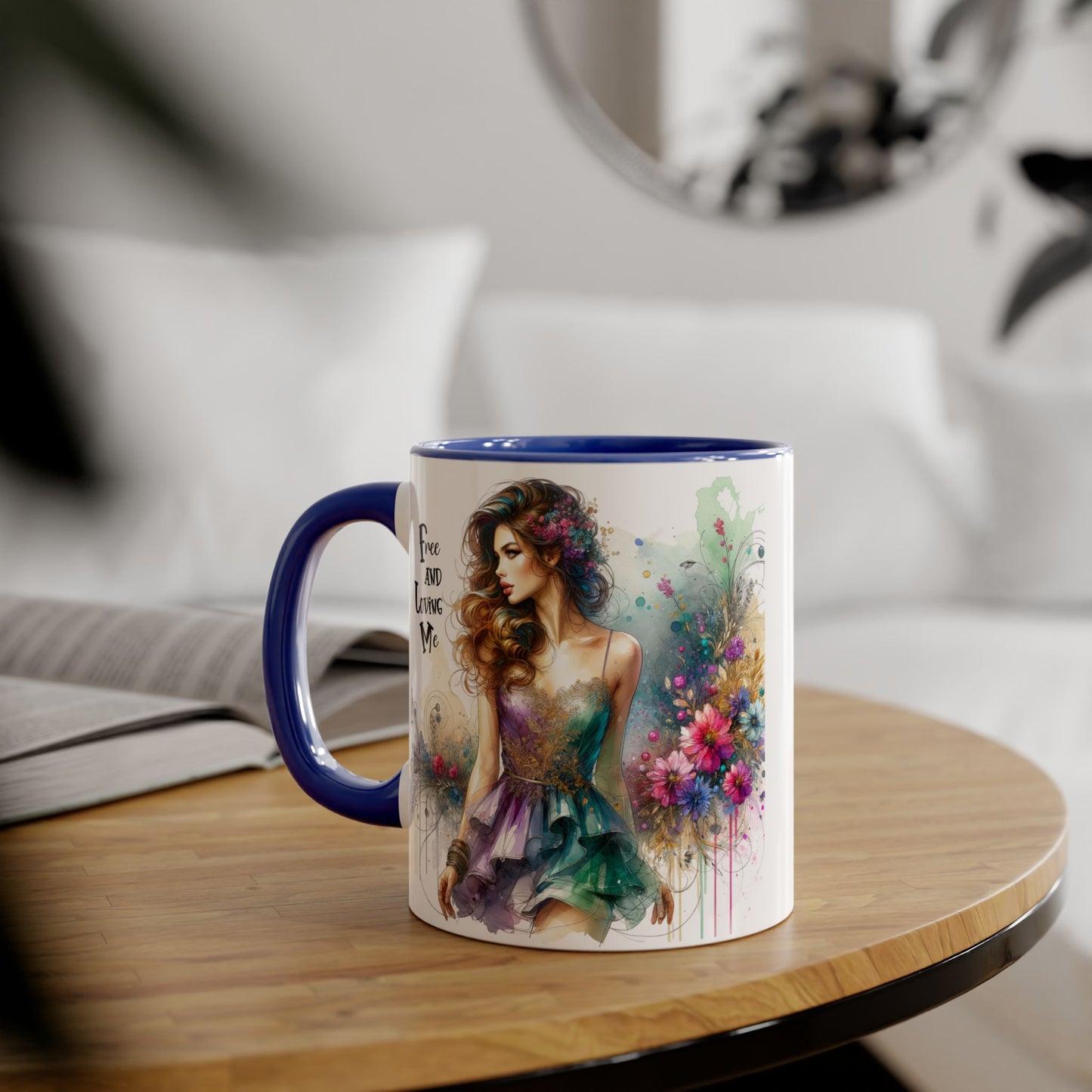 Artistic Floral Accent Mug - "Free and Loving Me" - Inspirational Coffee Cup, Gift for Her, Unique Home Decor, Special Occasion