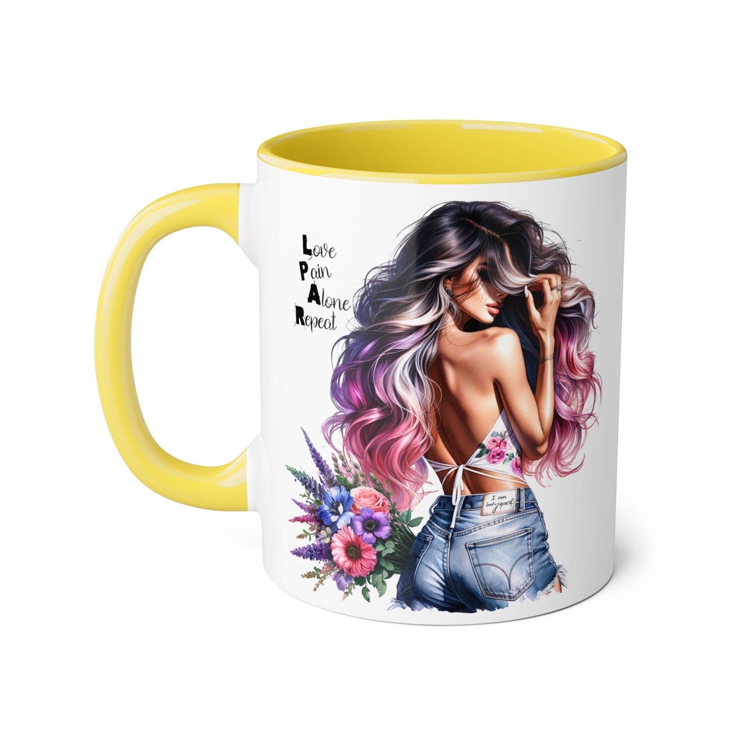 Vibrant Floral Accent Mug - Love Pain Alone Repeat, Coffee Lover Gift, Inspirational Drinkware, Art Mug, Stylish Home Decor