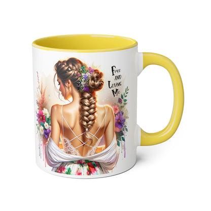 Bohemian Floral Accent Mug, Free and Loving Me Coffee Cup, Gifts for Her, Birthday, Inspirational Drinkware, Home Decor