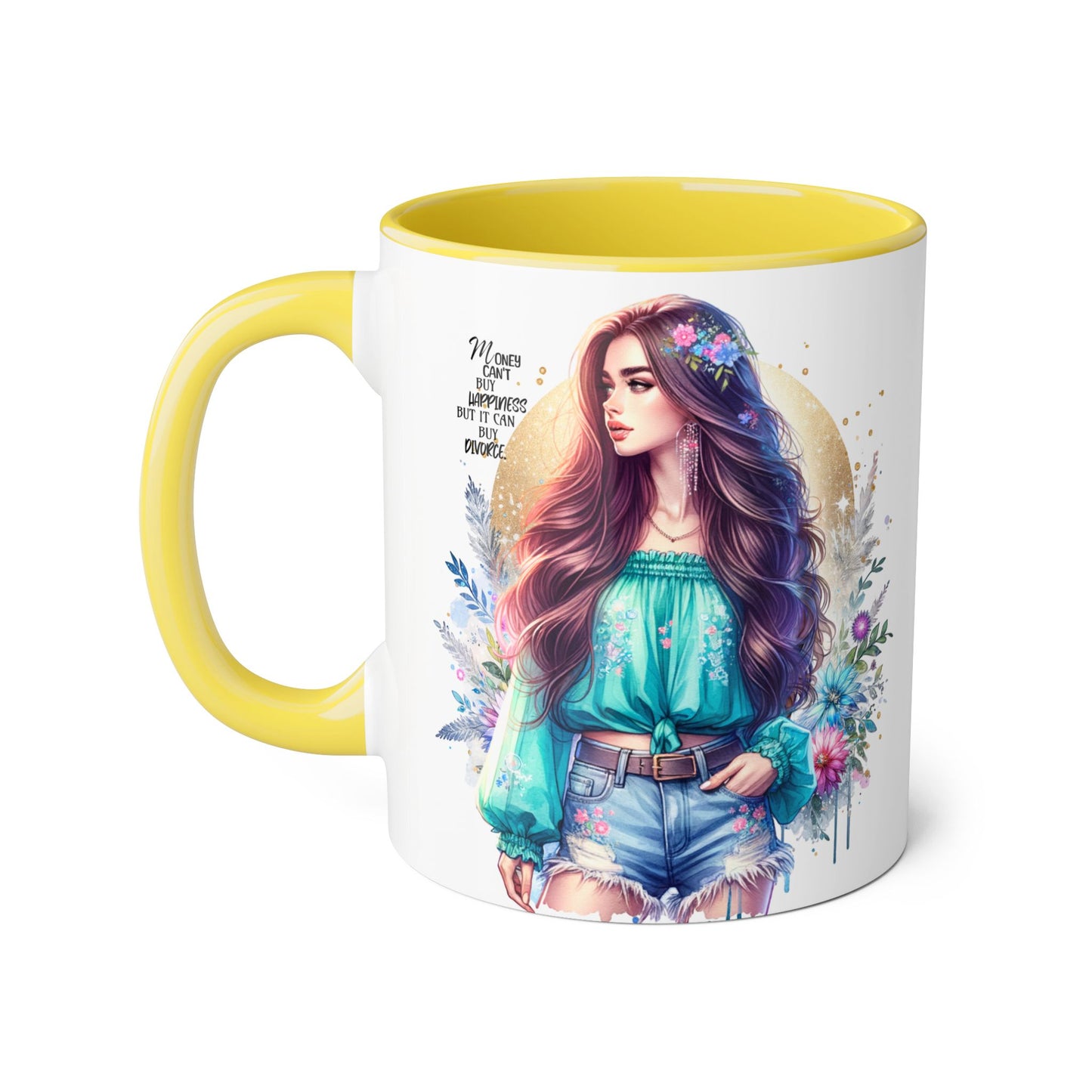 Money Can't Buy Happiness But It Can Buy Divorce Humoristic Inspirational Accent Mug, 11oz Coffee Cup for Boho Lovers, Unique Gift for Women, Flower Art Mug, Home Decor, Birthday Celebration
