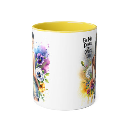Artistic Black Handle Mug with Inspirational Message, Be My Peace or Peace Out, Unique Gift for Coffee Lovers, Colorful Floral Design, [...]