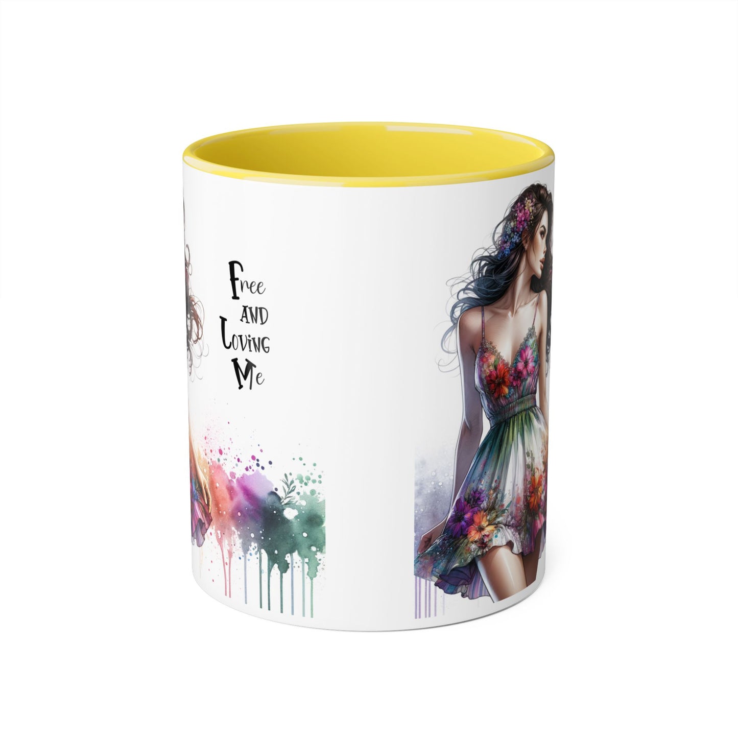 Floral Art Inspirational Coffee Mug, Free and Loving Me, Gift for Her, Colorful Drinkware, Boho Mug, Artistic Tea Cup