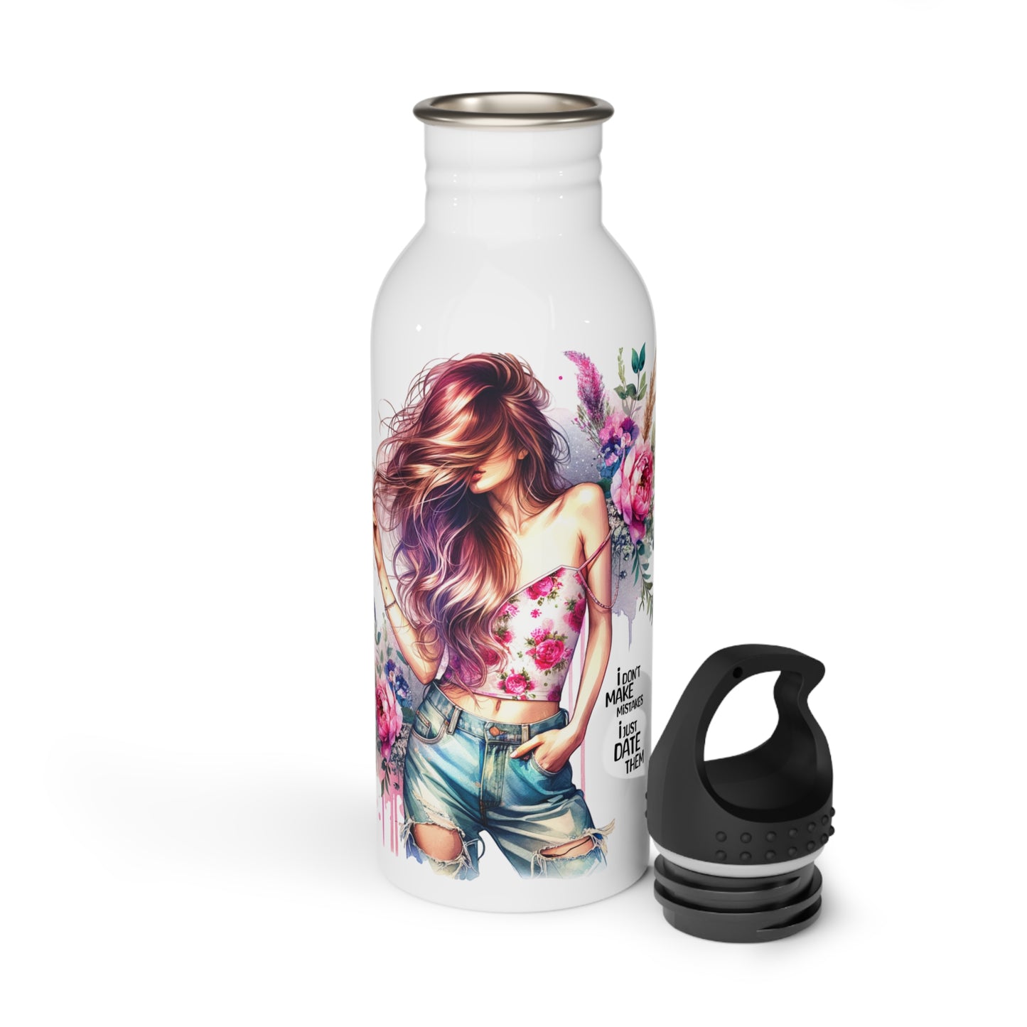 I Don't Make Mistakes, I Date Them Floral Art Water Bottle, Eco-Friendly Travel Mug, Personalized Gift for Her, Reusable Sports Bottle, Date Night Accessory