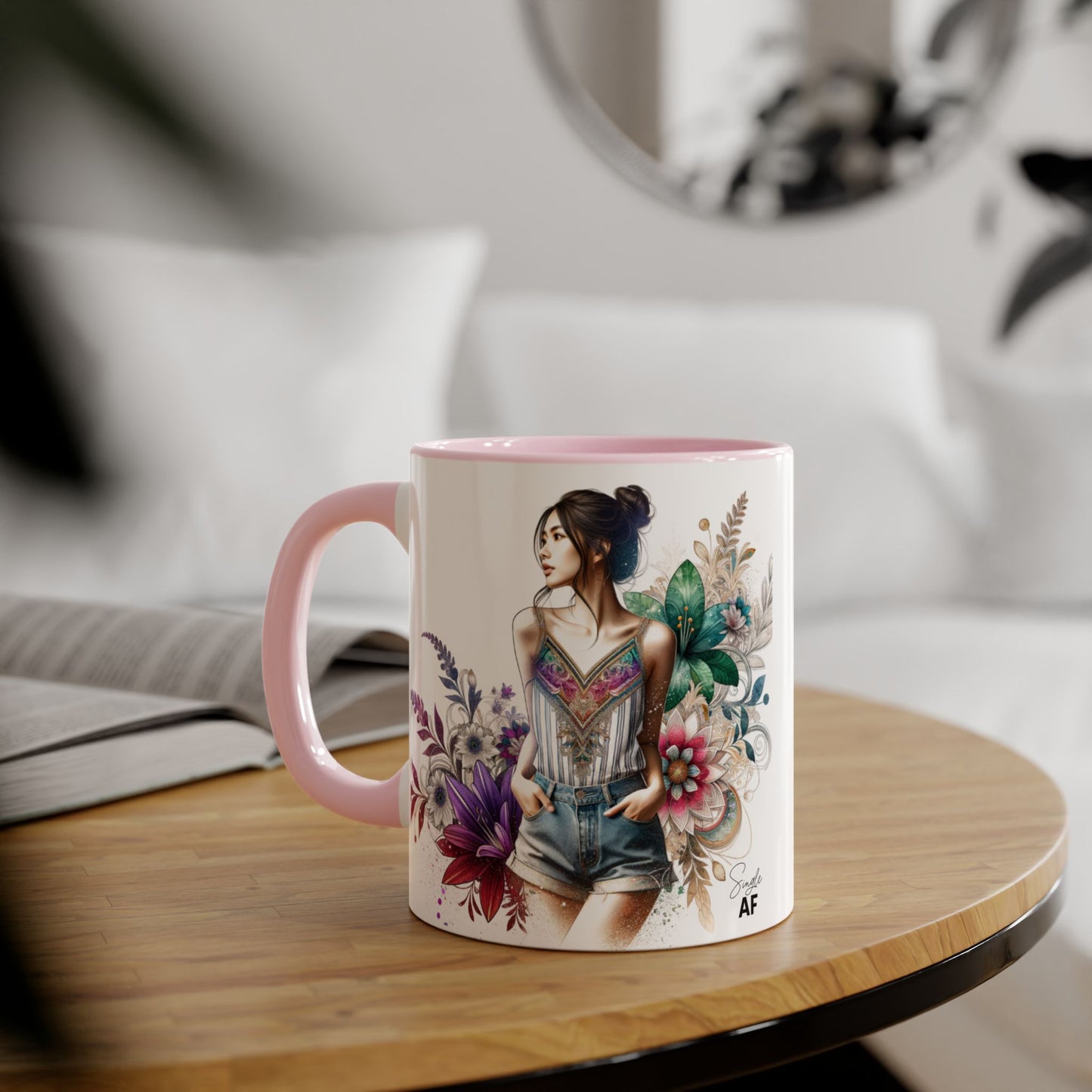 Single AF Boho Flower Accent Mug - Artistic Coffee Cup, Floral Design, Gift for Her, Birthday, Home Decor, Unique Artwork, 11oz