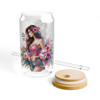 I Am My Own Happily Ever After Floral Art Sipper Glass - 16oz Eco-Friendly Beverage Container with Straw