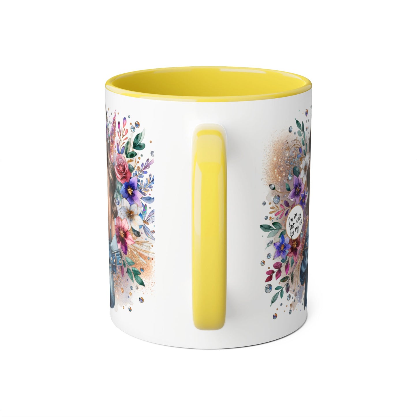I'm Too Cute For My Ex Floral Accent Mug with Boho Design, Coffee Lover Gift, Tea Cup, Artful Beverage Holder, Personalized Drinkware