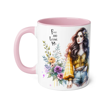 Bohemian Floral Accent Mug, Free and Loving Me Coffee Cup, Gift for Her, Unique Art Mug, Morning Beverage Lover's Gift