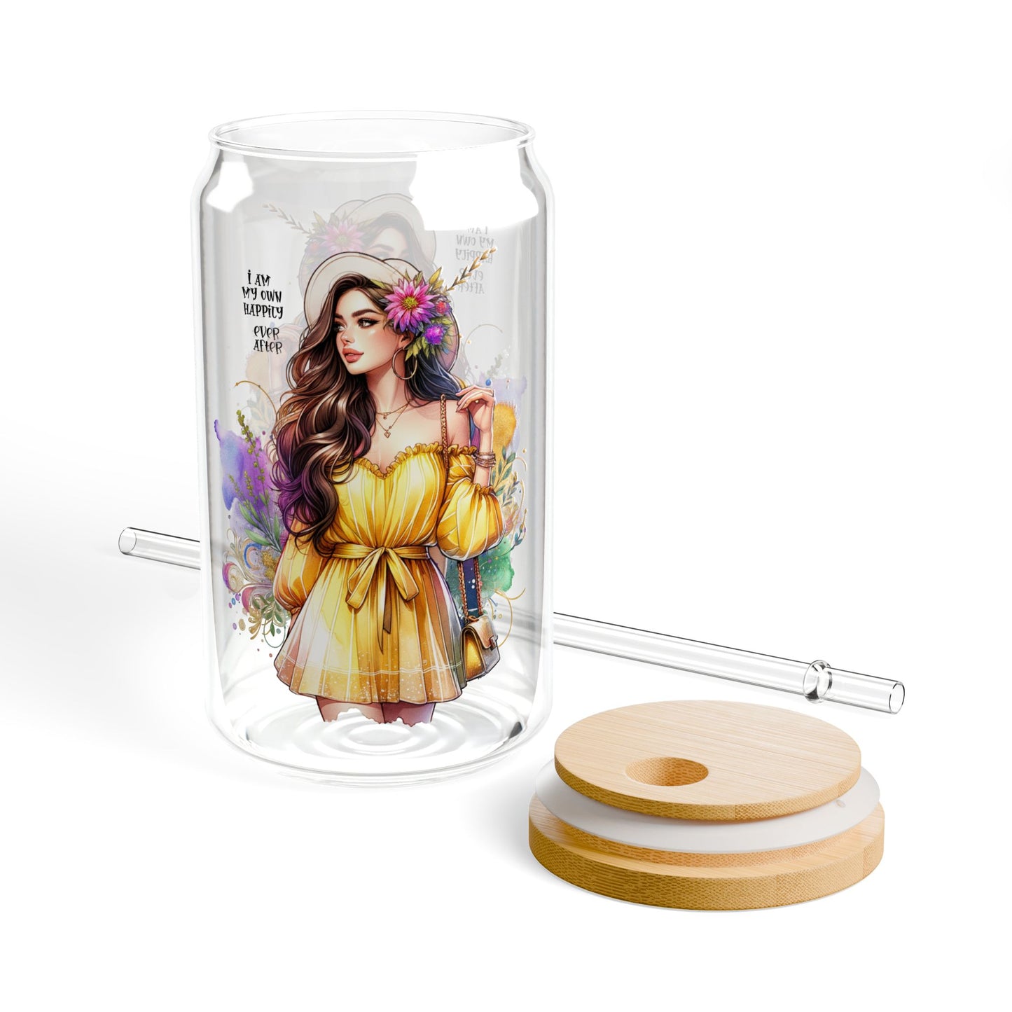 I Am My Own Happily Ever After Floral Art Sipper Glass - 16oz with Straw - Vibrant & Eco-Friendly Drinkware