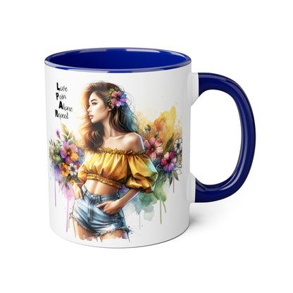 Colorful Floral Accent Mug - Love, Pain, Alone, Repeat Drinkware, Boho Coffee Cup, Gift for Her, Inspirational Mug