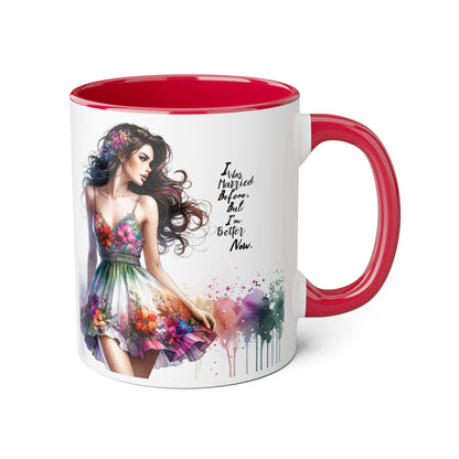 I Was Married Before But I'm Better Now Humoristic Floral Art Accent Mug, Inspirational Coffee Cup, Unique Gift for Her, Spring Decor, Creative Homeware
