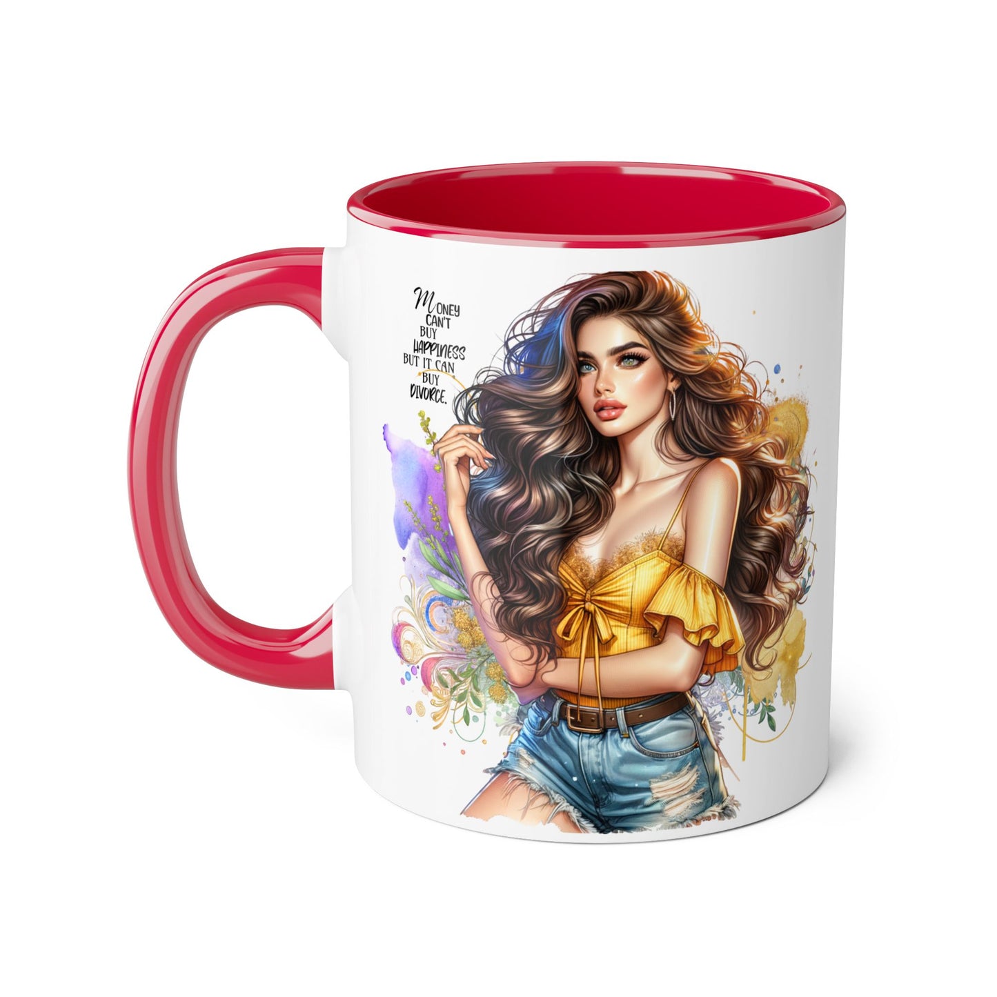 Money Can't Buy Happiness But It Can Buy Divorce Humoristic Empowering Accent Mug, Inspirational Coffee Cup, Artful Drinkware for Self-Care, Perfect Gift for Birthdays, Motivational Decor