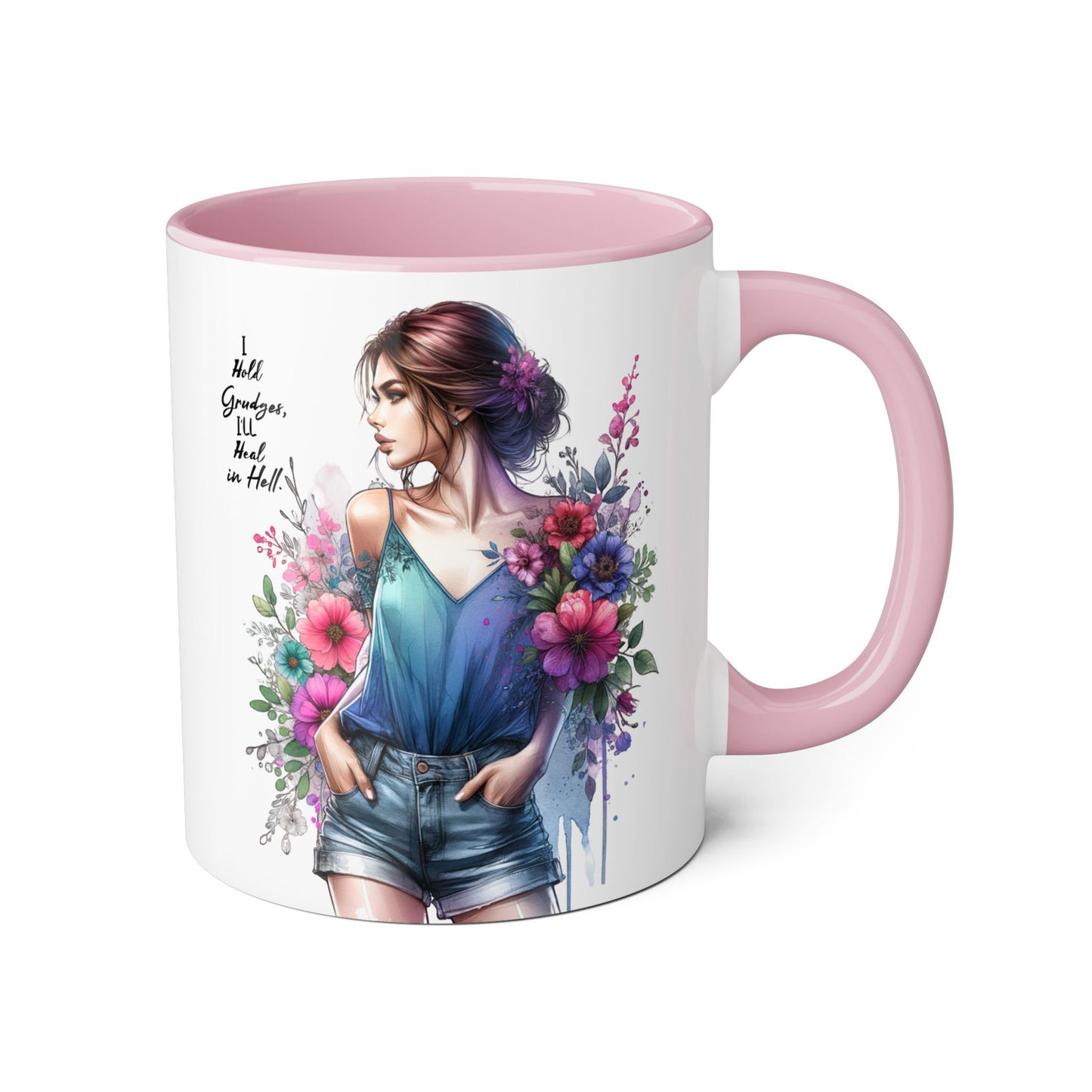I Hold Grudges, I'll Heal in Hell  Humoristic Floral Accent Mug, 11oz Coffee Cup for Grandma, Gift for Her, Birthday Present, Mother's Day, Home Decor, Floral Design