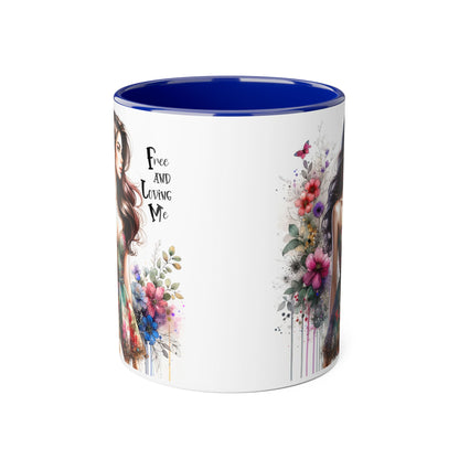 Free and Loving Me Floral Accent Mug | 11oz Coffee Cup, Gift for Her, Art Mug, Bohemian Decor, Flower Lover Gift