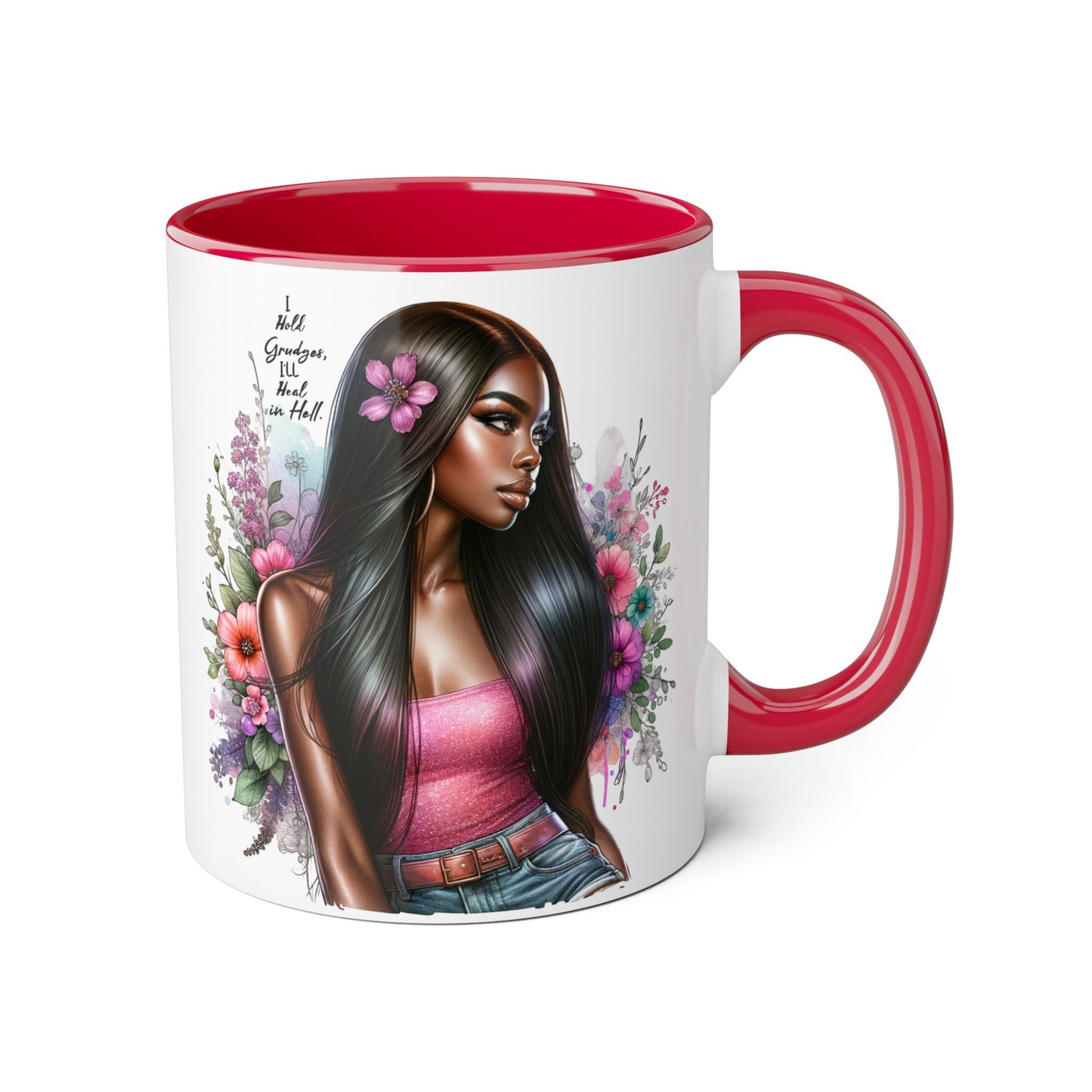 I Hold Grudges, I'll Heal in Hell  Humoristic Floral Portrait Coffee Mug - Perfect Gift for Her, Stylish Home Decor, Inspirational Quote, Unique Tea Cup, Birthday Treat