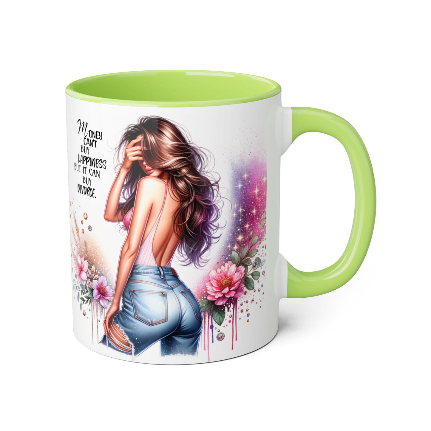 Money Can't Buy Happiness But It Can Buy Divorce Humoristic Stylish Woman's Accent Mug, Empowering Gift for Friends, Inspirational Coffee Cup, Perfect for Birthdays, Relaxing Moments