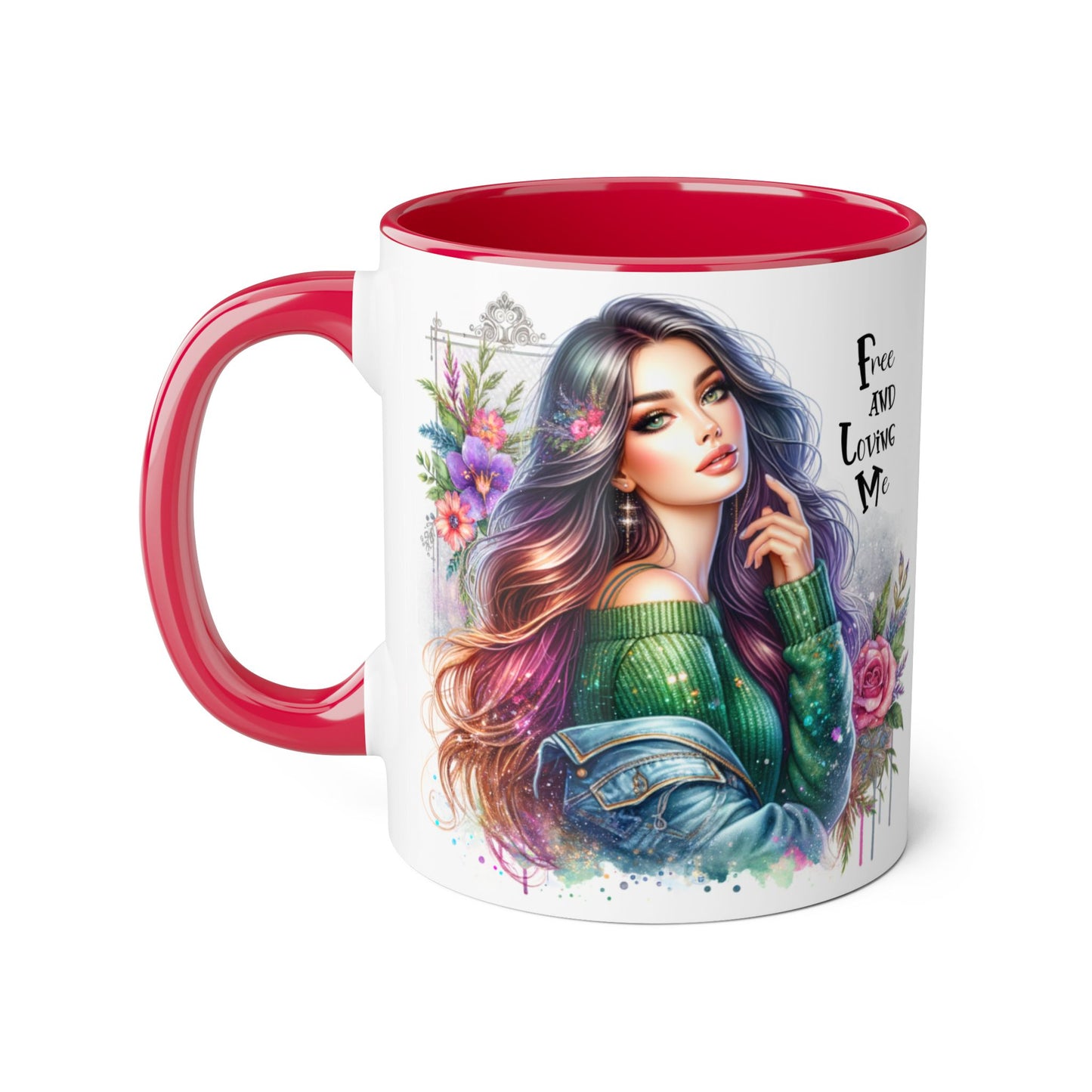 Bohemian Chic Accent Mug, Free and Loving Me 11oz Coffee Cup, Gifts for Her, Artistic Drinkware, Unique Home Decor, Floral Coffee Mug