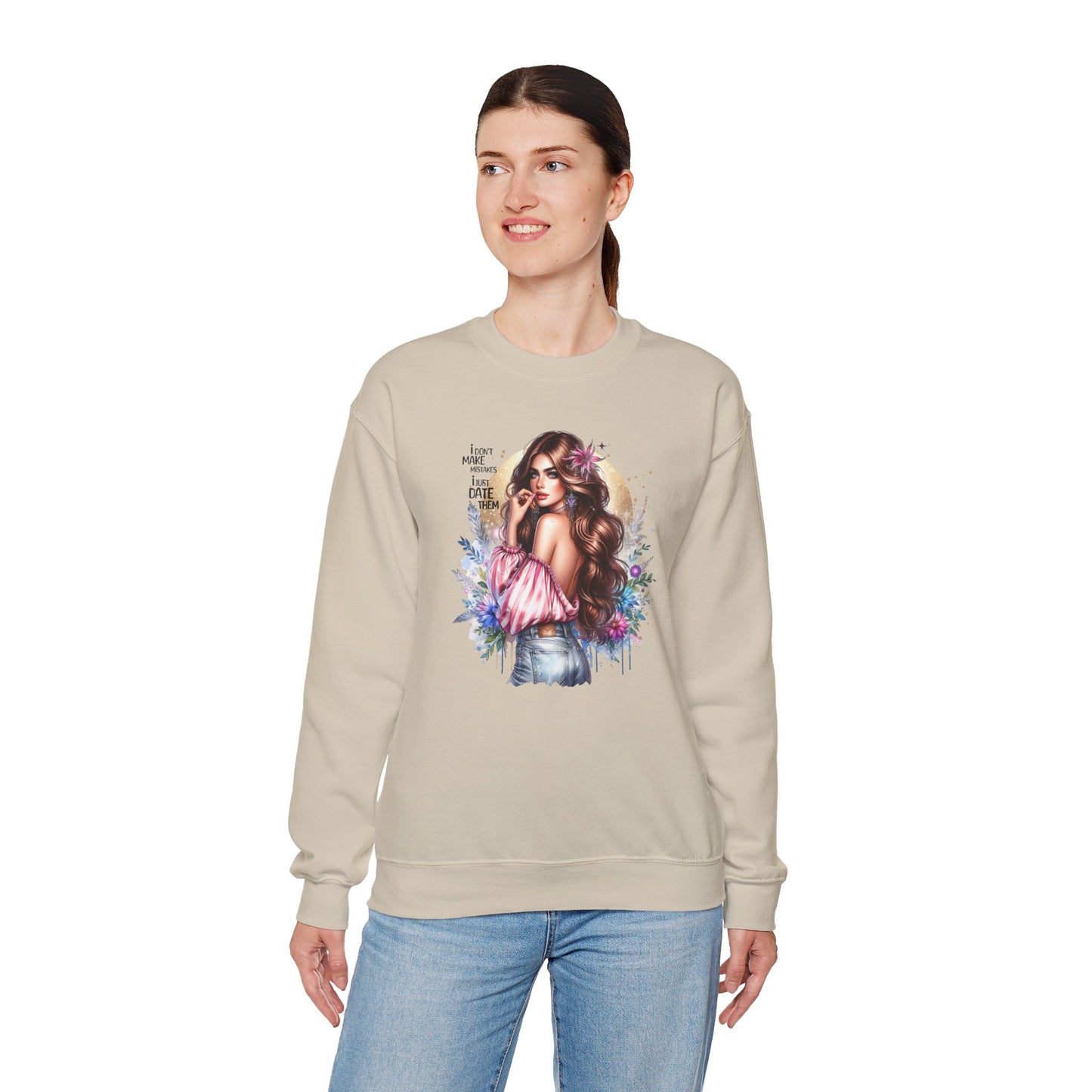 I Don't Make Mistakes, I Just Date Them Boho Chic Crewneck Sweatshirt, Cozy Gift for Her, Fashionable Layering Piece, Art-Inspired Apparel, Perfect for Special Occasions
