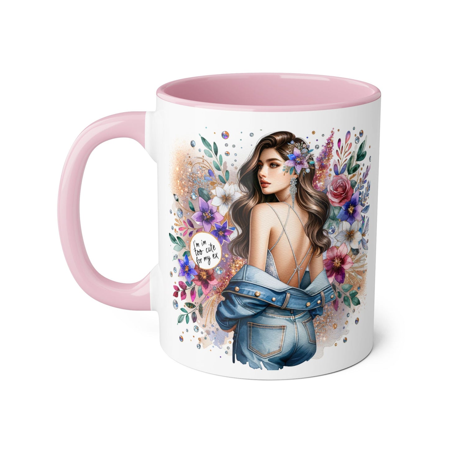 I'm Too Cute For My Ex Floral Accent Mug with Boho Design, Coffee Lover Gift, Tea Cup, Artful Beverage Holder, Personalized Drinkware
