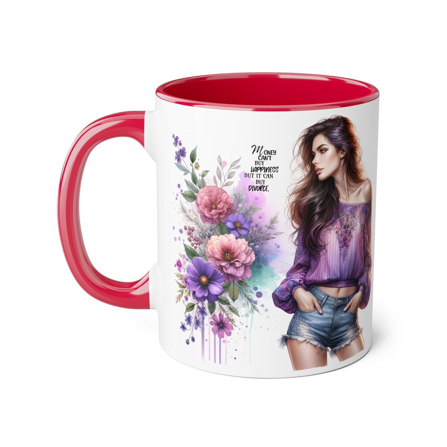 Money Can't Buy Happiness But It Can Buy Divorce Humoristic Stylish Floral Accent Mug, Coffee Cup, Gift for Her, Home Decor, Inspirational Quote, Unique Design
