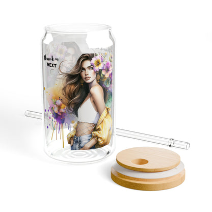 Thank U, Next Floral Sipper Glass, 16oz - Stylish Reusable Drink Container, Eco-Friendly Artisan Design for Parties, Gifts, Home, or Travel