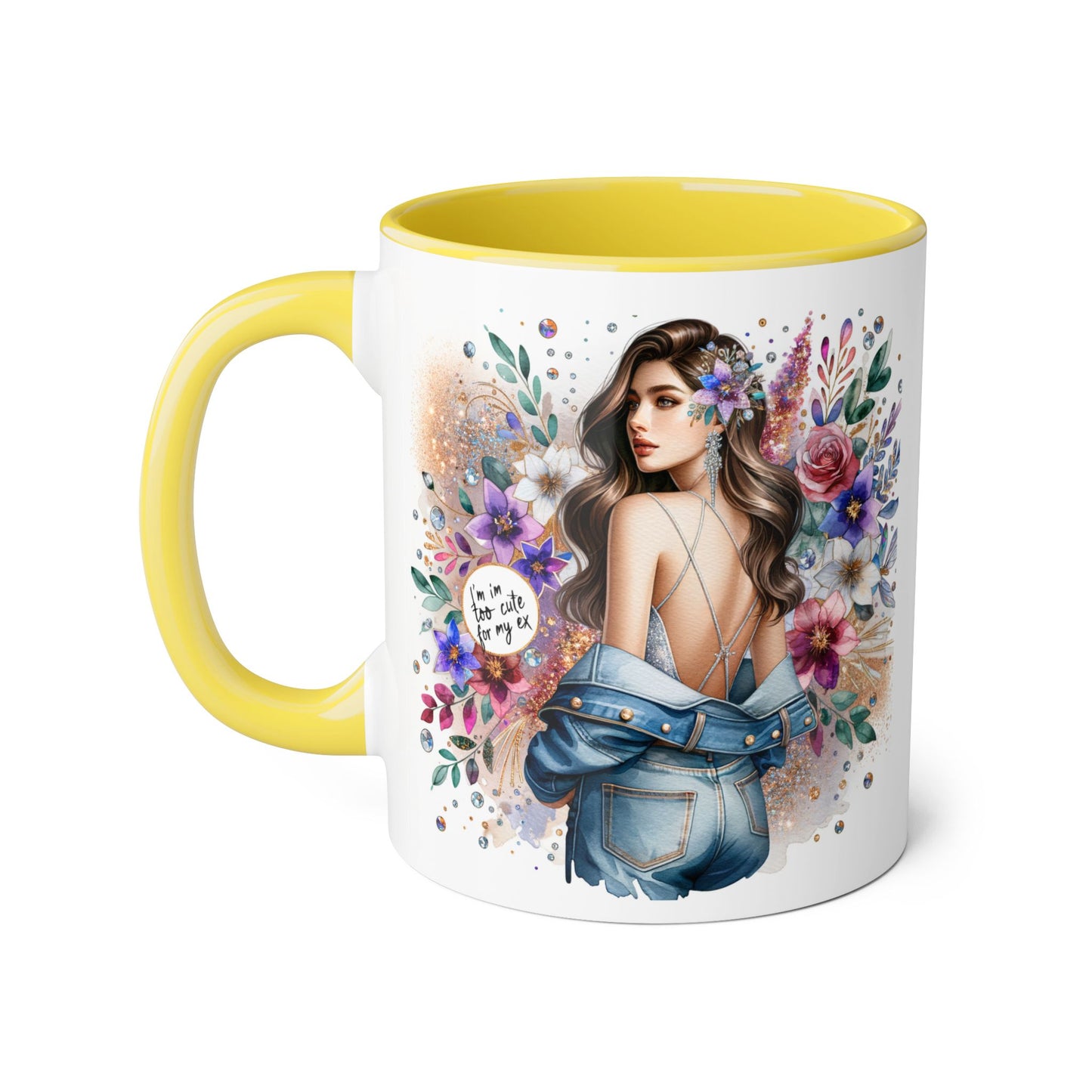 I'm Too Cute For My Ex Floral Accent Mug with Boho Design, Coffee Lover Gift, Tea Cup, Artful Beverage Holder, Personalized Drinkware