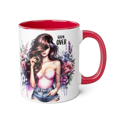 Game Over Floral Accent Mug - 11oz, Coffee Cup for Her, Gift for Gamers, Fun Tea Mug, Unique Kitchen Decor, Women’s Gift Idea