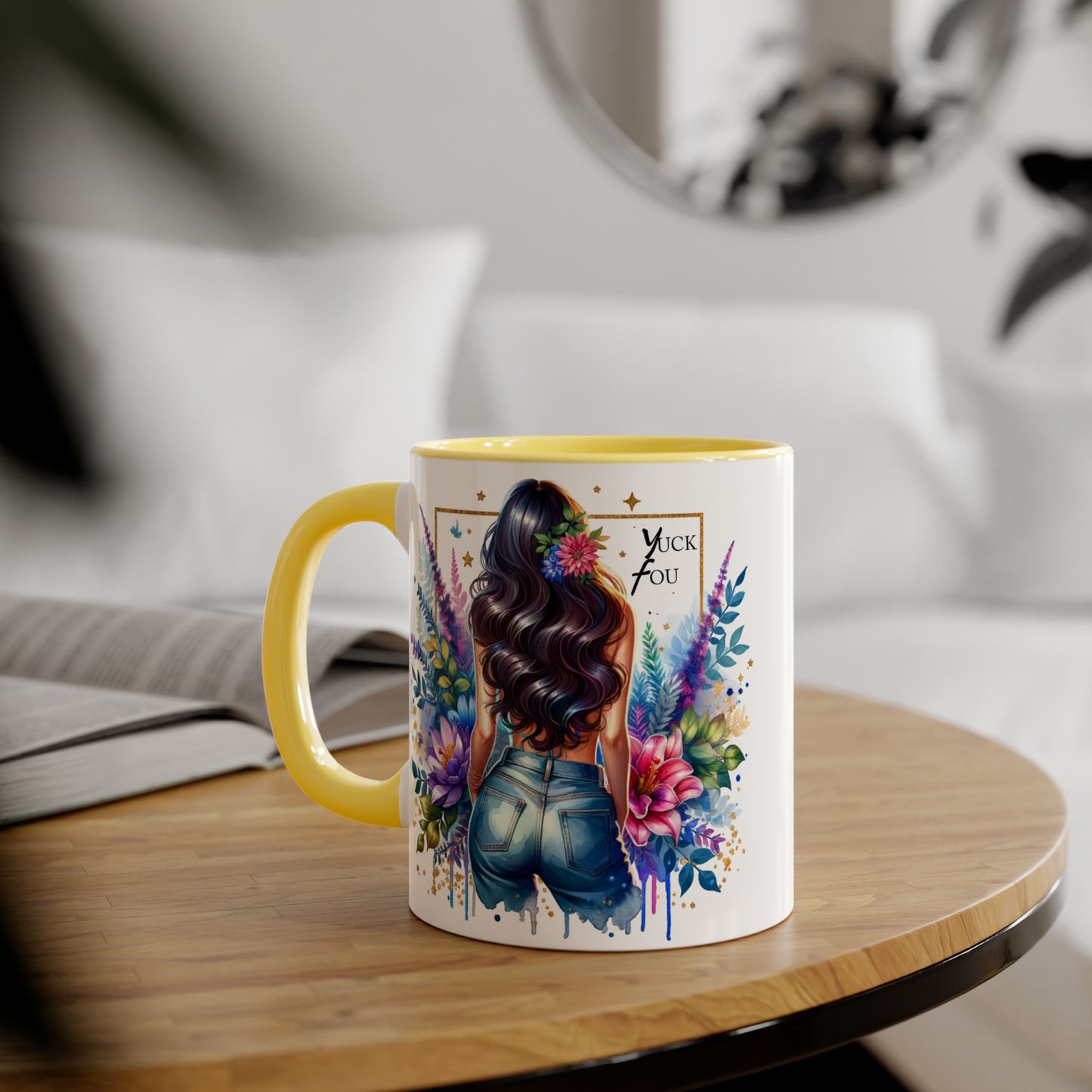 Yuck Fou Bohemian Floral Accent Mug, 11oz, Artistic Coffee Cup, Gift for Her, Stylish Drinkware, Home Decor, Unique Kitchen Accessories